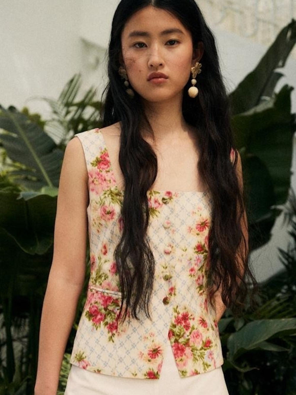 Maison D'Amelie Floral Square-Neck Vest Top - Pink/Cream